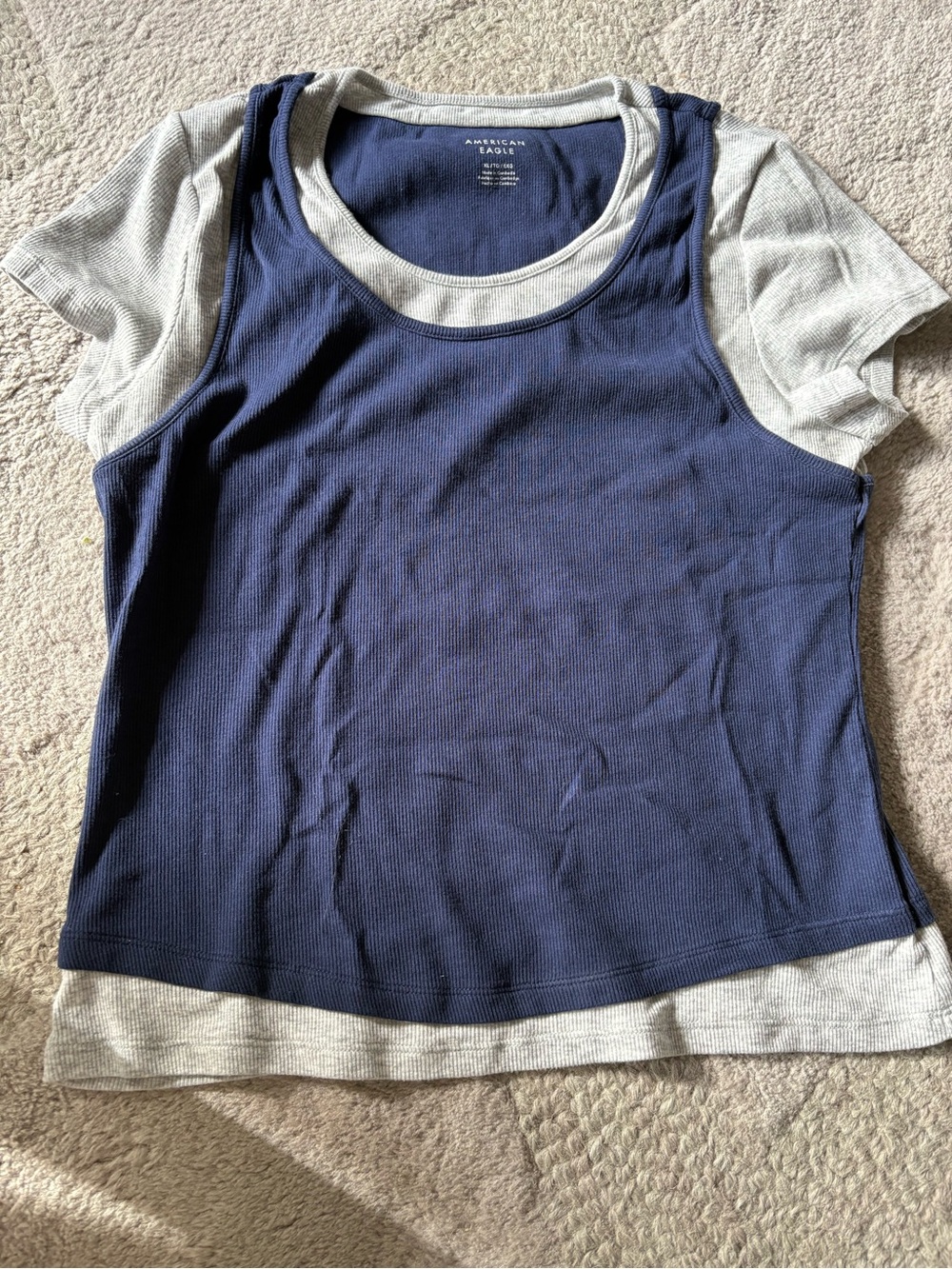 American Eagle Outfitters Navy and Light Gray Layered Short Sleeve Tee